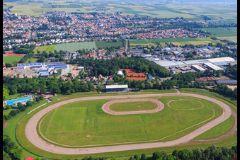 Aerial view of Sand track racetrack/speedway of the Motorsport Association Herxheim in Herxheim bei Landau in the state Rhineland-Palatinate, Germany
