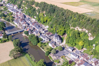 Aerial view of River - bridge construction ueber den Loir in Les Roches-l'Eveque in Centre-Val de Loire, France