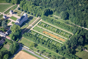 Aerial view of Building complex in the park of the castle La Basse Cour in Huisseau-en-Beauce in Centre-Val de Loire, France