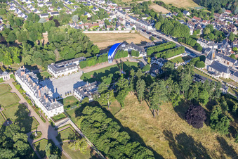 Aerial view of Building complex in the park of the castle Chateau de Menars on the Loire river in Menars in Centre-Val de Loire, France