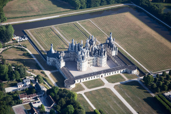 Aerial view of Building complex in the park of the castle Chateau de Chambord in Chambord in Centre-Val de Loire, France