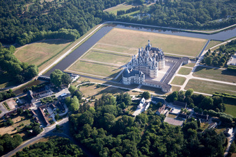 Aerial photograpy of Building complex in the park of the castle Chateau de Chambord in Chambord in Centre-Val de Loire, France