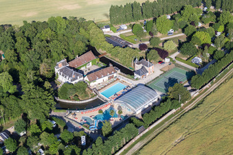 Aerial photograpy of Facility of the Camping Capfun Château de la Grenouillere and Parc de la Grenouillère holiday park in Suèvres in the state Loir et Cher, France