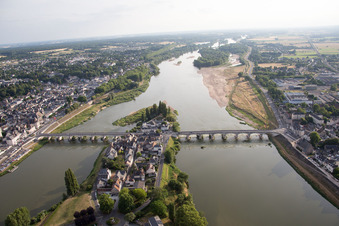 Aerial view of Island on the banks of the river course of Loire in Amboise in Centre-Val de Loire, France