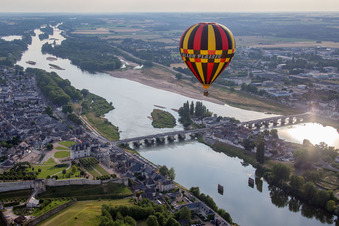 Aerial photograpy of Island on the banks of the river course of Loire in Amboise in Centre-Val de Loire, France