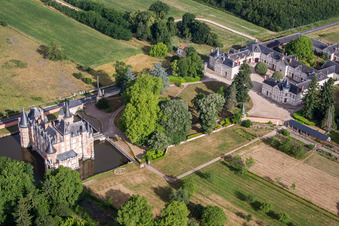 Building and castle park systems of water castle Chateau de Combreux in Combreux in Centre-Val de Loire, France