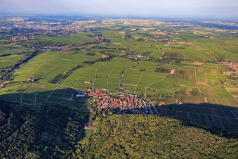 Village overview on the edge of the Haardt from the west in Eschbach in the state Rhineland-Palatinate, Germany