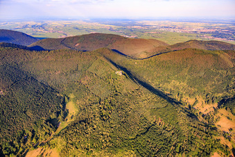 Aerial view of Neuscharfeneck castle ruins above the Dernbach valley in Flemlingen in the state Rhineland-Palatinate, Germany