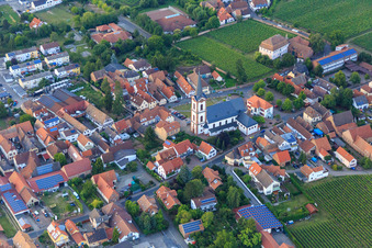 Aerial view of Catholic Church of St. Peter and Paul in Edesheim in the state Rhineland-Palatinate, Germany
