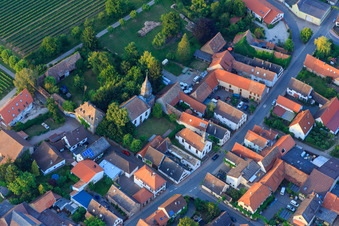 Aerial view of Protestant parish church in Kleinfischlingen in the state Rhineland-Palatinate, Germany
