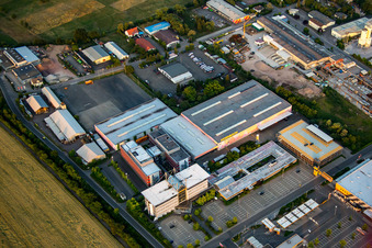 Oblique view of Hornbach DIY store headquarters in the district Dreihof in Bornheim in the state Rhineland-Palatinate, Germany