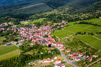 Aerial view of Village - view on the edge of agricultural fields and farmland in Rott in Grand Est, France
