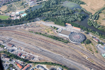 Aerial view of Railway depot and repair shop, maintenance and repair of SNCF trains in Damelevières in the state Meurthe et Moselle, France