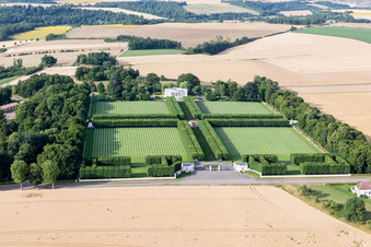 Aerial photograpy of Grave rows on the grounds of the American Cemetery Saint Mihiel in Thiaucourt-Regnieville in Grand Est, France