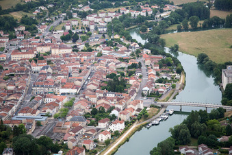 Aerial photograpy of Village on the river bank areas der Meuse in Saint-Mihiel in Grand Est, France