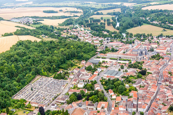 Aerial view of Town on the banks of the river of Maas/Meuse in Saint-Mihiel in Grand Est, France