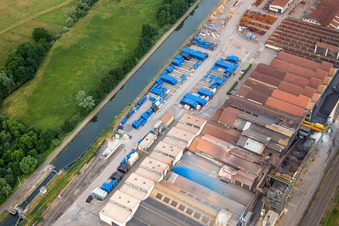 Aerial photograpy of Building and production halls on the premises of Foundery Saint Gobain PAM on Canal de la Marne au Rhin in Foug in Grand Est, France