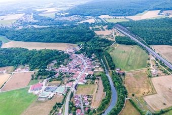 Aerial view of Subterranean Channel flow and river banks of the waterway shipping Canal Rhin au Marne in Lay-Saint-Remy in Grand Est, France