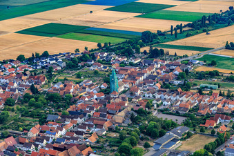 Aerial view of Catholic church scaffolded by Leidner GmbH Gerüstbau, Landau in Ottersheim bei Landau in the state Rhineland-Palatinate, Germany