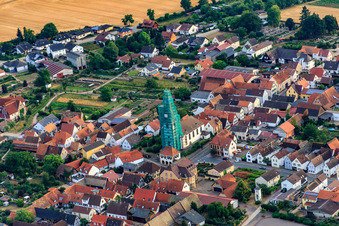 Aerial photograpy of Catholic church scaffolded by Leidner GmbH Gerüstbau, Landau in Ottersheim bei Landau in the state Rhineland-Palatinate, Germany