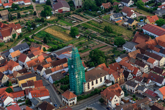 Catholic church scaffolded by Leidner GmbH Gerüstbau, Landau in Ottersheim bei Landau in the state Rhineland-Palatinate, Germany from above