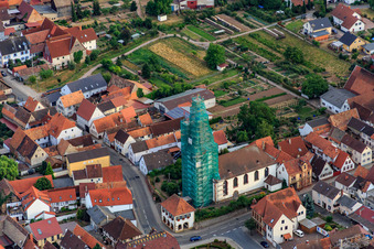 Catholic church scaffolded by Leidner GmbH Gerüstbau, Landau in Ottersheim bei Landau in the state Rhineland-Palatinate, Germany out of the air