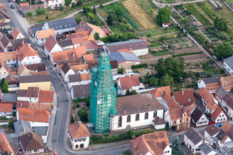 Church tower and tower roof of der catholic church in Ottersheim bei Landau in the state Rhineland-Palatinate, Germany