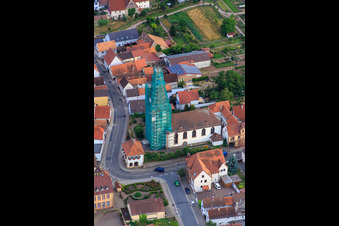 Catholic church scaffolded by Leidner GmbH Gerüstbau, Landau in Ottersheim bei Landau in the state Rhineland-Palatinate, Germany from the plane