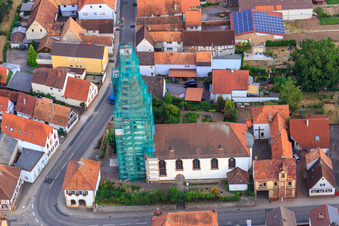 Drone recording of Catholic church scaffolded by Leidner GmbH Gerüstbau, Landau in Ottersheim bei Landau in the state Rhineland-Palatinate, Germany