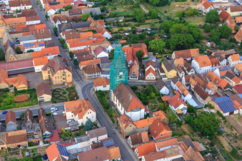 Catholic church scaffolded by Leidner GmbH Gerüstbau, Landau in Ottersheim bei Landau in the state Rhineland-Palatinate, Germany from the drone perspective