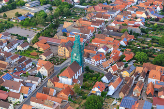 Aerial view of Catholic church scaffolded by Leidner GmbH Gerüstbau, Landau in Ottersheim bei Landau in the state Rhineland-Palatinate, Germany