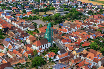 Aerial photograpy of Catholic church scaffolded by Leidner GmbH Gerüstbau, Landau in Ottersheim bei Landau in the state Rhineland-Palatinate, Germany
