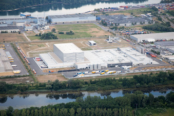 Aerial view of Oberwald industrial area in Wörth am Rhein in the state Rhineland-Palatinate, Germany