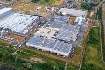 Oberwald industrial area with SKA Sitze GmbH, WAS Logistics, Com Transporte GmbH and NUSS Group in Wörth am Rhein in the state Rhineland-Palatinate, Germany