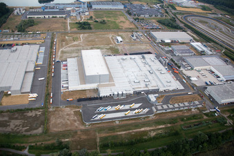 Oberwald industrial area in Wörth am Rhein in the state Rhineland-Palatinate, Germany from a drone