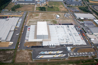 Oberwald industrial area in Wörth am Rhein in the state Rhineland-Palatinate, Germany seen from a drone
