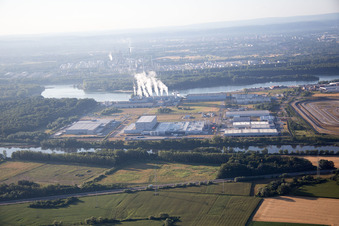 Aerial view of Oberwald industrial area in Wörth am Rhein in the state Rhineland-Palatinate, Germany