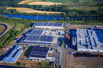 Aerial photograpy of Oberwald industrial area with WAS Logistics, Com Transporte GmbH and NUSS Group in Wörth am Rhein in the state Rhineland-Palatinate, Germany