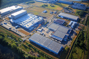 Oberwald industrial area with SKA Sitze GmbH, WAS Logistics, Com Transporte GmbH and NUSS Group in Wörth am Rhein in the state Rhineland-Palatinate, Germany from above