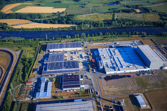 Bird's eye view of Oberwald industrial area with SKA Sitze GmbH, WAS Logistics, Com Transporte GmbH and NUSS Group in Wörth am Rhein in the state Rhineland-Palatinate, Germany