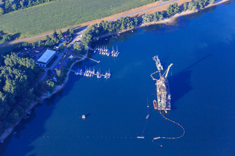 Aerial view of Floating dredger in the Wörth harbor with the RKC Wörth sailing club in the district Maximiliansau in Wörth am Rhein in the state Rhineland-Palatinate, Germany