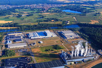 Aerial view of Oberwald industrial area from the southeast in Wörth am Rhein in the state Rhineland-Palatinate, Germany