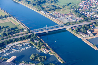 Aerial view of Rhine bridges Maxau from the north with motorboat club Karlsruhe eV and Maximiliansau harbor in the district Knielingen in Karlsruhe in the state Baden-Wuerttemberg, Germany