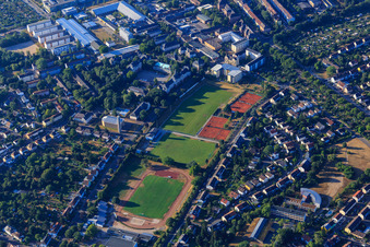 Aerial view of Sports fields of the sports community Karlsruhe and FC West Karlsruhe 1932 as well as tennis courts of TC Karlsruhe-West eV in the district Nordweststadt in Karlsruhe in the state Baden-Wuerttemberg, Germany