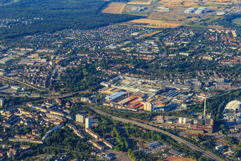 South tangent at the West combined heat and power plant in front of the Carl-Metz-Straße industrial area with Michelin Reifenwerke AG & Co. KGaA in the district Mühlburg in Karlsruhe in the state Baden-Wuerttemberg, Germany