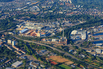 Aerial view of South tangent at the West combined heat and power plant in front of the Carl-Metz-Straße industrial area with Michelin Reifenwerke AG & Co. KGaA in the district Mühlburg in Karlsruhe in the state Baden-Wuerttemberg, Germany