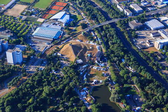 Aerial photograpy of Günther Klotz facility, The Festival, Mount Klotz in the district Südweststadt in Karlsruhe in the state Baden-Wuerttemberg, Germany