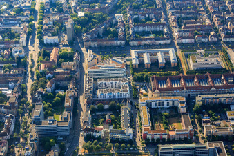 Aerial photograpy of Brauerstraße with Forterro Deutschland Abas GmbH, Employment Agency Karlsruhe-Rastatt, Federal Prosecutor General at the Federal Court of Justice and State Academy of Art Karlsruhe (HfG) in the district Südweststadt in Karlsruhe in the state Baden-Wuerttemberg, Germany