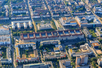 Oblique view of Brauerstraße with Forterro Deutschland Abas GmbH, Employment Agency Karlsruhe-Rastatt, Federal Prosecutor General at the Federal Court of Justice and State Academy of Art Karlsruhe (HfG) in the district Südweststadt in Karlsruhe in the state Baden-Wuerttemberg, Germany