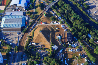 Aerial view of Europahalle. EuropaSpa, Mount Klotz in the district Südweststadt in Karlsruhe in the state Baden-Wuerttemberg, Germany